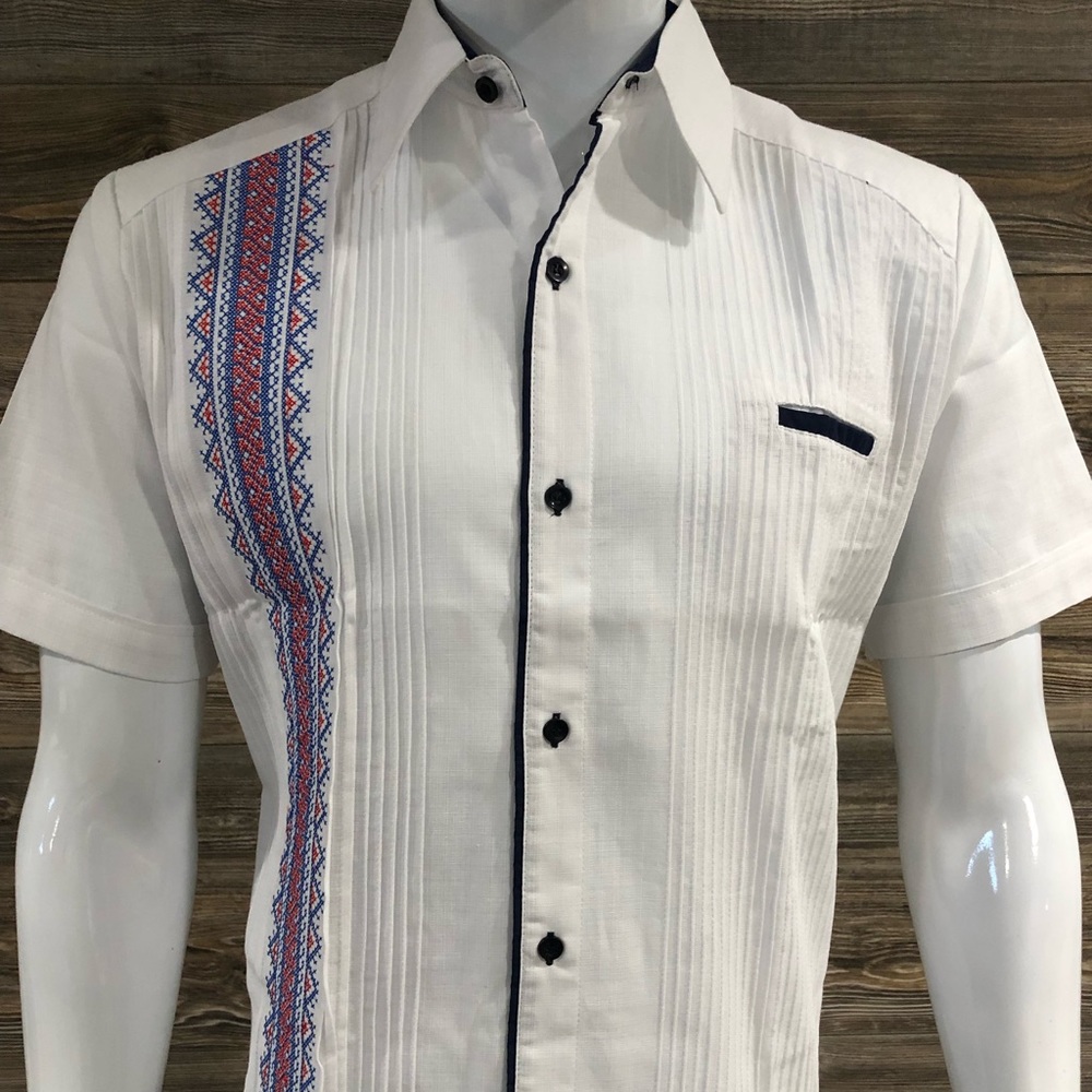 Mexican Camisa Guayabera Dress Shirt White Linen Short Sleeve White